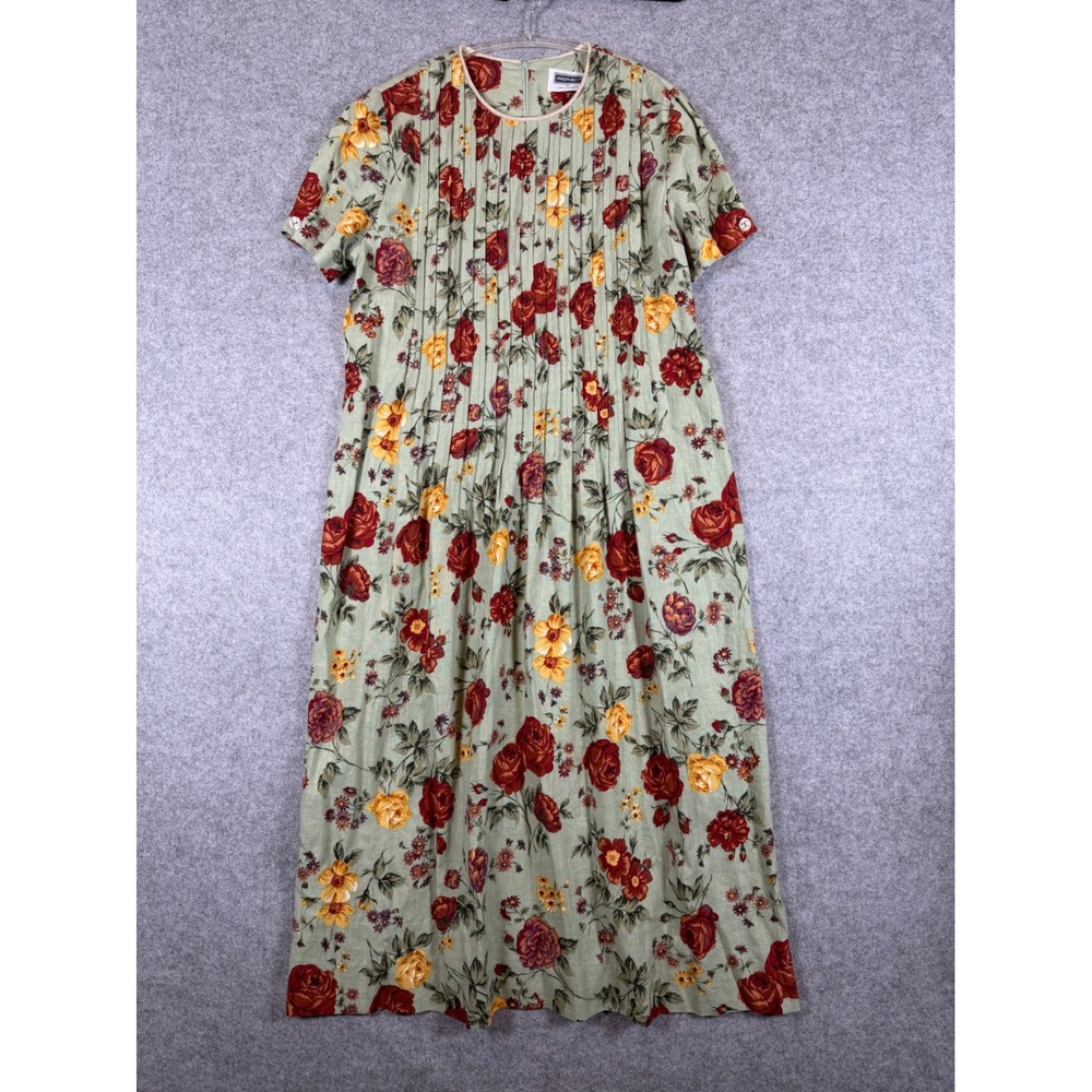 Prophecy Sag Harbor Dress Womens 12 Green Floral Vintage Excellent Linen Blend
